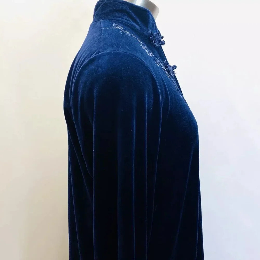 CJ Women Long Sleeve Knee Length Velvet Embroidered Blue Dress Size Large 36-38 - Picture 10 of 12